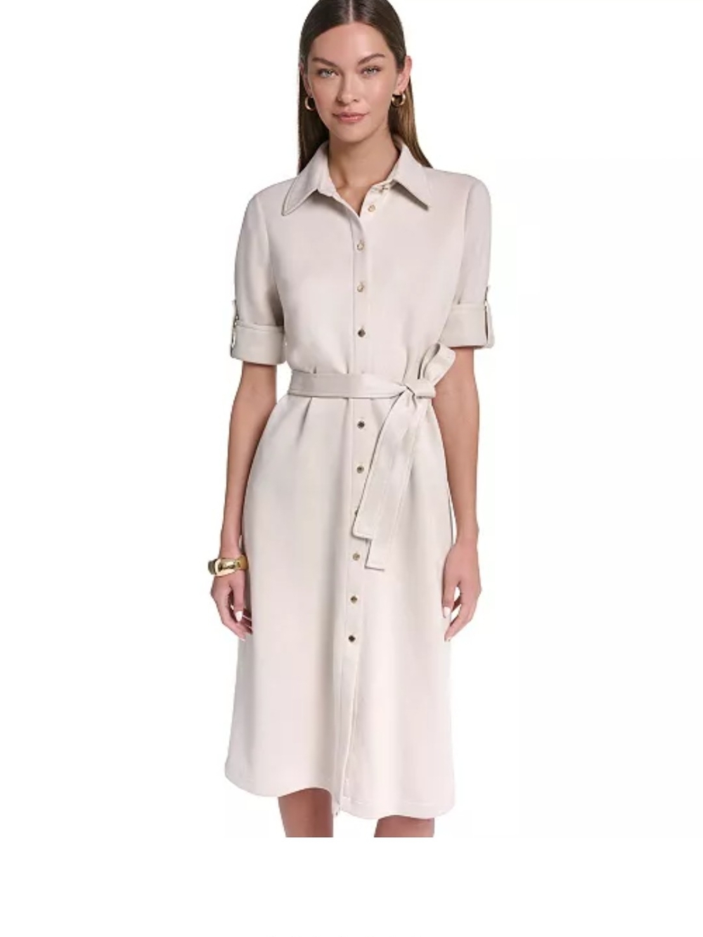 Faux Suede Tie‑Waist Collar Midi Dress in Biege